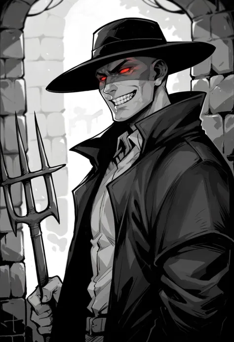 score_9, score_8_up, score_8, source_anime, 1boy, <lora:Caleb:0.8> black hat, solo, red eyes, glowing eyes, black coat, no hair, bald, smirk, teeth, pitchfork, side view,
catacomb background, stone wall, blurry background, monochrome,