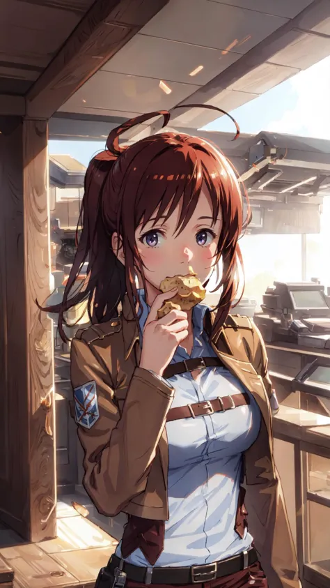 <lora:HeadpatPOVV2:1> IncrsHeadpatPOV, headpat, pov, BREAK, <lora:aot_sasha:0.8> sasha braus, paradis military uniform, jacket, BREAK, potato, food in mouth, cheek bulge, masterpiece, best quality, extremely detailed, highly quality, 4k, sharp focus, professional, sharp focus, award winning, cinematic lighting, octane render, unreal engine, volumetrics dtx, Wallpaper,