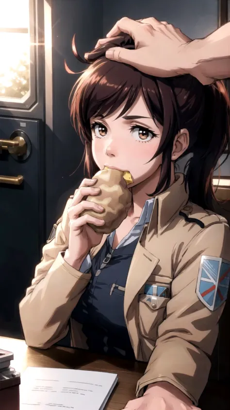 IncrsHeadpatPOV, headpat, pov, BREAK, sasha braus, paradis military uniform, jacket, BREAK, potato, food in mouth, cheek bulge, masterpiece, best quality, extremely detailed, highly quality, 4k, sharp focus, professional, sharp focus, award winning, cinematic lighting, octane render, unreal engine, volumetrics dtx, Wallpaper,