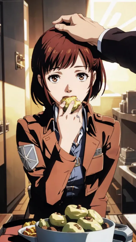 <lora:HeadpatPOVV2:1> IncrsHeadpatPOV, headpat, pov, BREAK, <lora:aot_sasha:0.8> sasha braus, paradis military uniform, jacket, BREAK, potato, food in mouth, cheek bulge, masterpiece, best quality, extremely detailed, highly quality, 4k, sharp focus, professional, sharp focus, award winning, cinematic lighting, octane render, unreal engine, volumetrics dtx, Wallpaper,