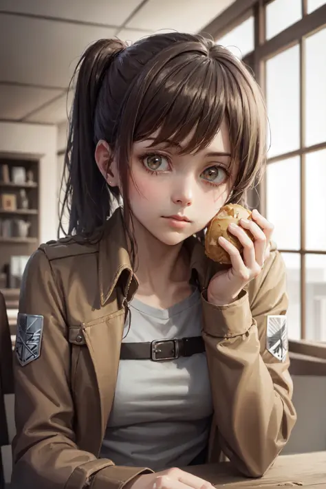 (masterpiece, best quality:1.2), <lora:aot_sasha-10:0.8>, <lora:crazyExpressions_:0.7>, solo, 1girl, sasha braus, expressionless, looking at viewer, sitting in a chair, holding food, constricted eyes, constricted pupils, paradis military uniform, jacket