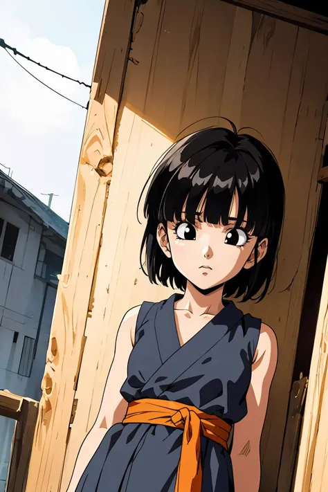 anime girl in blue dress standing in front of a wooden door