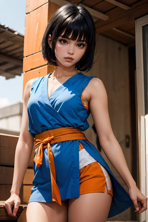 a close up of a woman in a blue and orange outfit