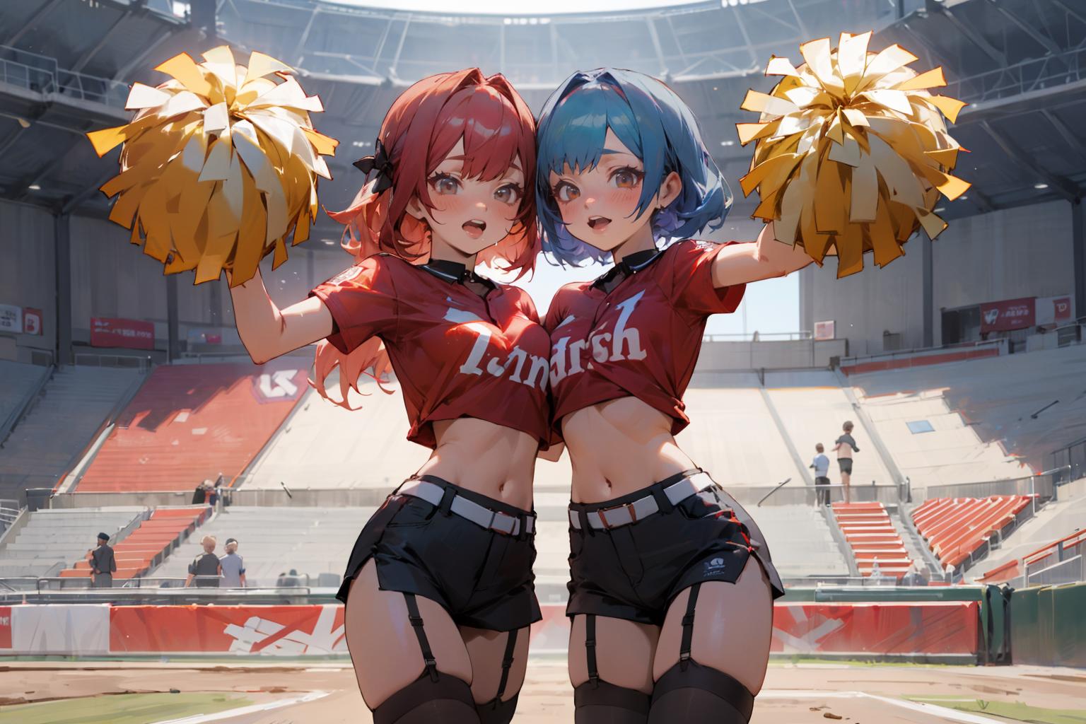 Two women in cheerleaders pose for a picture in a stadium - SeaArt AI