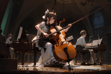 A girl gracefully plays the cello in a picturesque setting, her fingers gliding effortlessly across the strings, creating a harm...