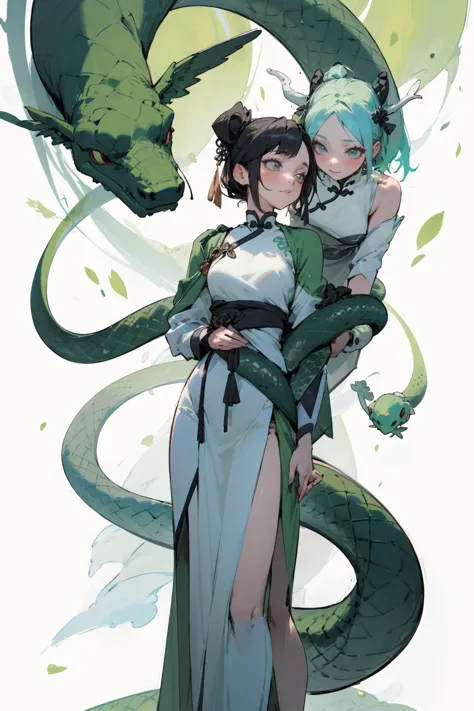 In ancient Chinese attire, two girls stand gracefully, each adorned with a different color scheme. One wears a white garment, accompanied by a white serpent gracefully coiled around her body. The other girl is dressed in a vibrant green outfit, with a green serpent elegantly entwined around her form. Together, they embody the enchanting harmony between human and serpent, evoking a sense of mystique and natural beauty.
  <lora:colorFish_v10:0.6>   <lora:nijiexp:0.3>