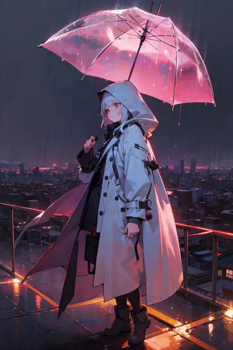 1girl, petite, boots, long coat, white hair, hood up, cityscape background, night, neon, rain
