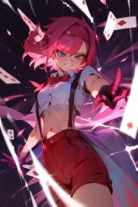 1girl, playing cards, suspenders, headband, gloves, crop top, hot pants, (alluring smug:1.2), dynamic angle,