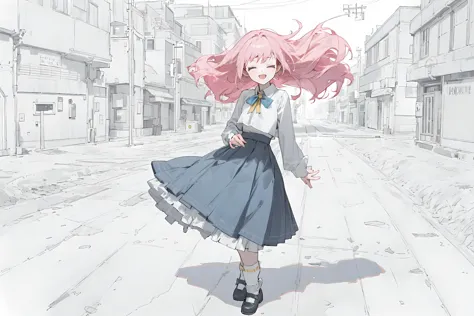 anime girl with pink hair walking down a street in a city