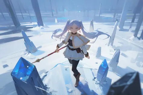 a close up of a person walking in a snowy area with a sword