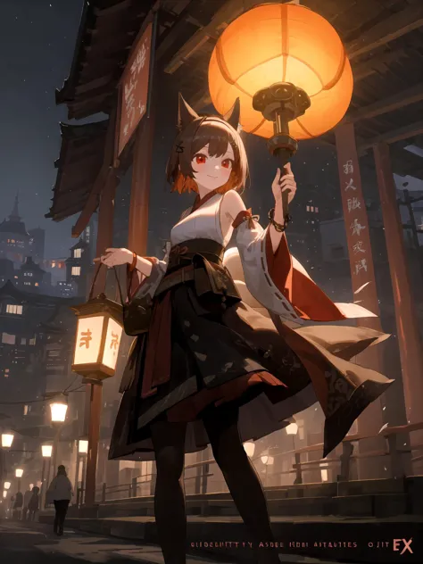 1girl, animal ears, architecture, bamboo, belt, black pantyhose, blurry, box, bracelet, brown hair, carrying, city, copyright name, cover, cover page, dark, depth of field, detached sleeves, east asian architecture, fantasy, fountain, fox, fox mask, geta, hair ornament, hairband, hairclip, hand fan, jewelry, lantern, mask, night, pantyhose, paper fan, paper lantern, red eyes, road, scenery, shide, short hair, skirt, smile, solo, spirit, statue, street, tail, uchiwa, walking