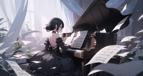 1girl, piano, solo, black dress, black hair, blue eyes, sitting, instrument, paper, midium hair, indoors, plant, backless outfit...