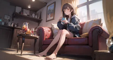 (masterpiece, best quality), from below, 1girl, solo, bare legs, brown hair, building, city, closed mouth, couch, day, drinking ...