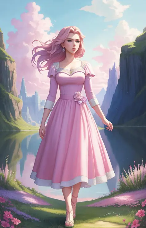 Scarlett Johansson, full body, close up,
serene, dreamlike landscape featuring a mix of Disney and Final Fantasy characters, wit...
