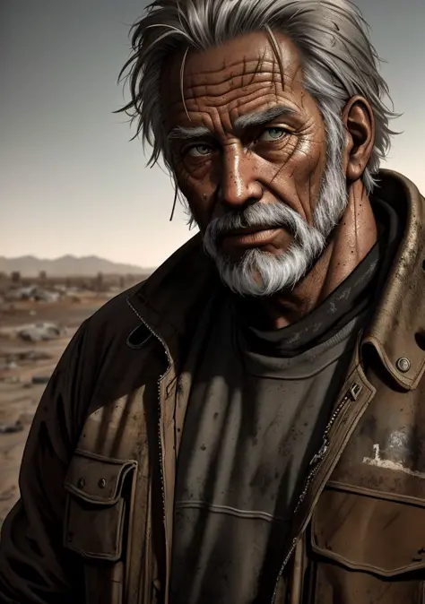 epic realistic, closeup, high-quality artwork of a oldman (rugged survivor:1.2) in a (post-apocalyptic:1.2) wasteland, that pops...