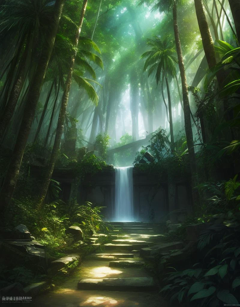 魔法の女,熱帯のジャングルと遺跡の複合背景,マルチカラーマジックソフトボディパーティクルアニメーションクラスター効果,周囲光,閉じる,アーティスト 天野 史郎,