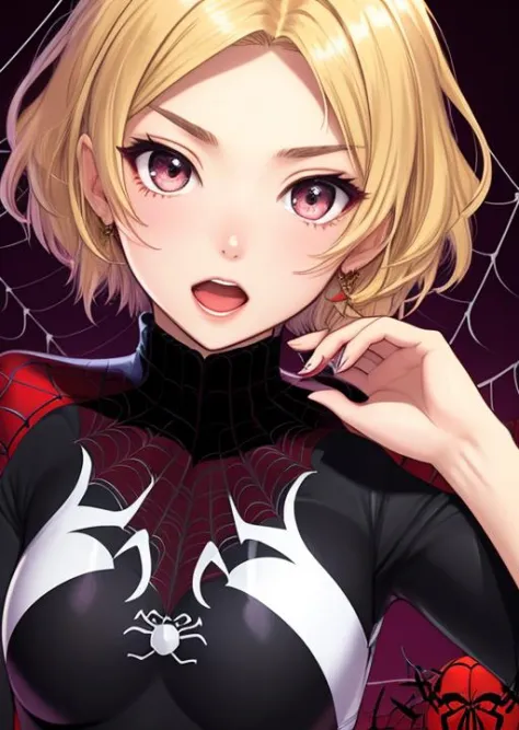 18 yo girl,multicolor spider suit,short blunt hair,blonde,beautiful face,masterpiece,intricate detail,Open mouth,perfect anatomy,
by artist Shuichi Shigeno,