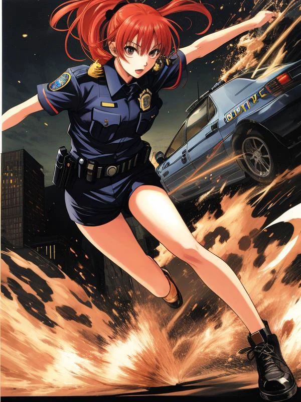 赤毛の女の子,ランニング,ダイナミックなポーズ,複雑なもの,警察車両,by artist Shuichi Shigeno,