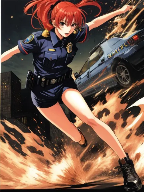 red head girl,Running,Dynamic pose,complex stuff around,police car,by artist Shuichi Shigeno,