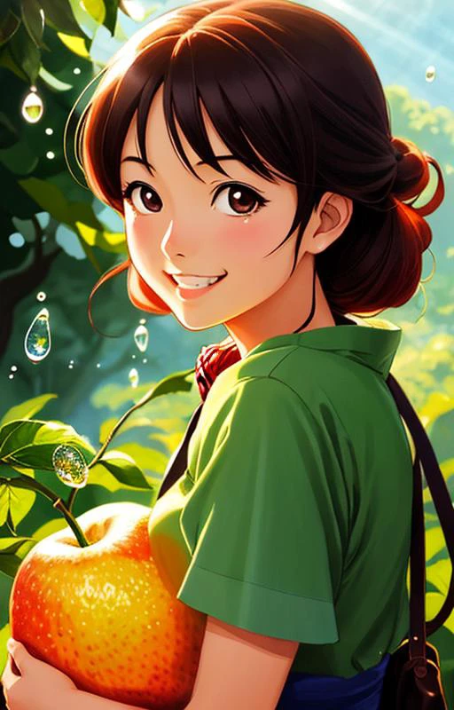 muy linda chica atractiva chery antropomorfa,mirando al espectador,gran sonrisa,feliz,fruta,berry,gotas,macro,luz de sol,arte de fantasía,composición dinámica,iluminación dramática,épico realista,ilustración premiada,animado,caja de cartón,arte de Osamu Tezuka,