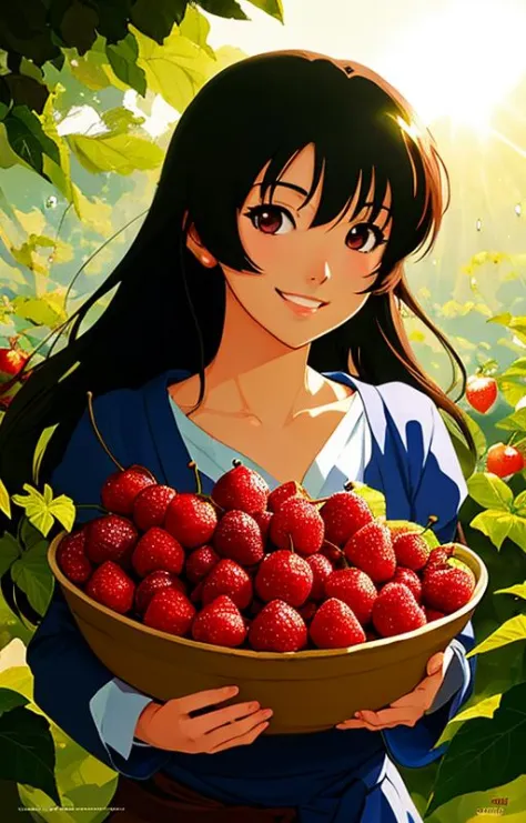 very cute girl appealing anthropomorphic chery,looking at the viewer,big grin,happy,fruit,berry,droplets,macro,sunlight,fantasy ...