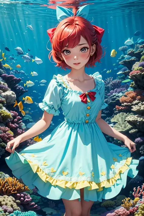 a close up of a person in a dress in a water