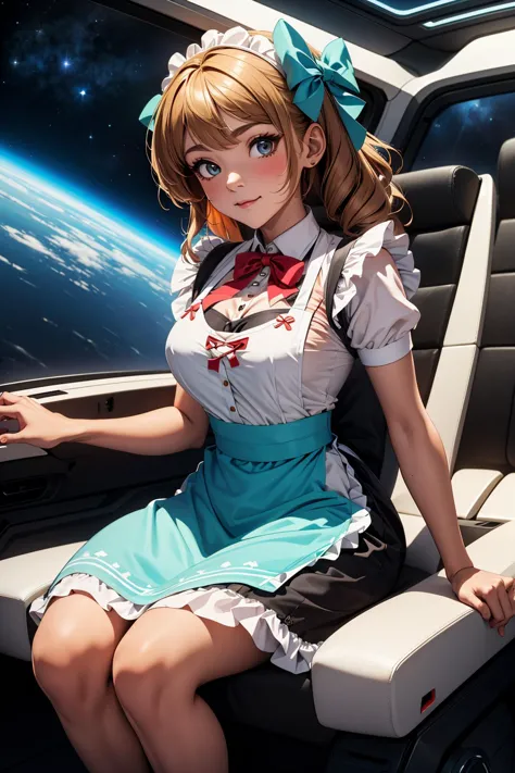 best quality, ultra-detailed, (1girl, solo, <lyco:hair_bow_side_of_head-v1:1>, hrbwonsoh, hair bow, xxbothsidexx,  dirndl, apron ,dark skin ,  , :3, ), in a spaceship