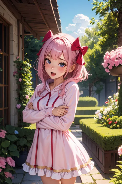 anime girl in pink dress posing in front of a house