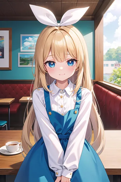 anime girl in a blue dress sitting at a table with a cup of coffee