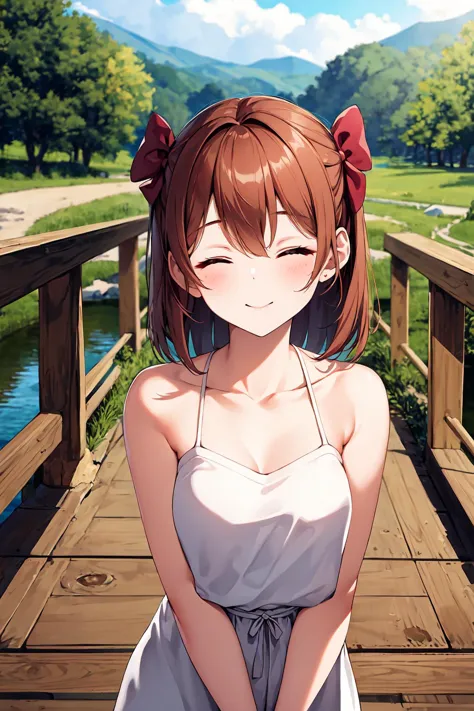 best quality, ultra-detailed, (1girl, solo, <lyco:hair_bow_side_of_head-v1:1>, hrbwonsoh, hair bow, xxbothsidexx,  tube_top ,,  , closed eyes smile:1.2, ), on a wooden bridge