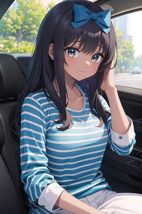 best quality, ultra-detailed, (1girl, solo, <lyco:hair_bow_front_of_head-v1:1>, hrbwonfoh, hair bow,  striped shirt ,dark skin ,  long hair, :3, ), in a car