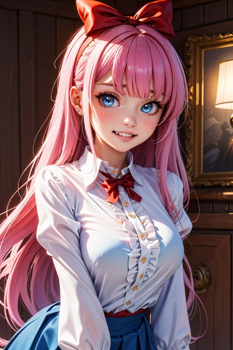 best quality, ultra-detailed, (1girl, solo, <lyco:hair_bow_top_of_head-v1:1>, hrbwontoh, hair bow,   wide sleeves frilled shirt ,,  long hair, clenched teeth, ), in a dungeon