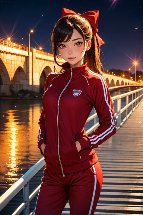 best quality, ultra-detailed, (1girl, solo, <lyco:hair_bow_back_of_head-v1:1>, hrbwonboh, hair bow, track suit ,,  , pupils sparkling, ), on a bridge