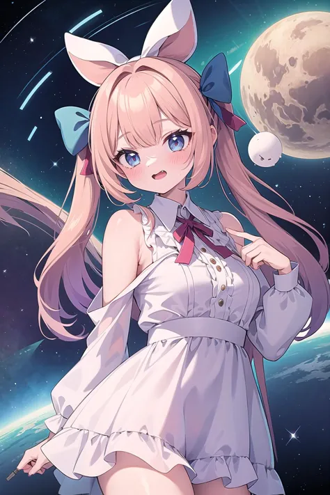 best quality, ultra-detailed, (1girl, solo, <lyco:hair_bow_side_of_head-v1:1>, hrbwonsoh, hair bow, xxbothsidexx,  blouse ,,  , whiskers, ), in space