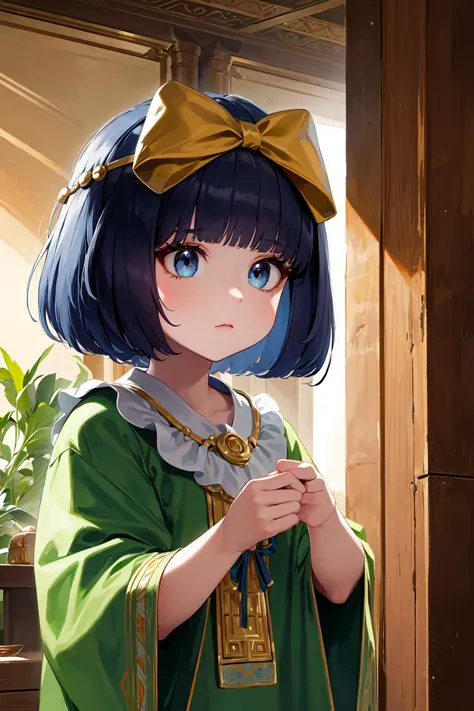 anime girl in green dress with a gold bow and a green dress