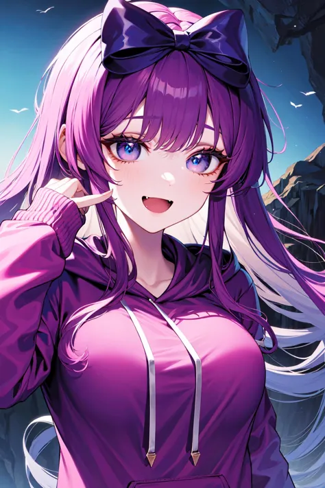 best quality, ultra-detailed, (1girl, solo, <lyco:hair_bow_front_of_head-v1:1>, hrbwonfoh, hair bow,  hoodie ,,  long hair, smile fang, ), in a cavern