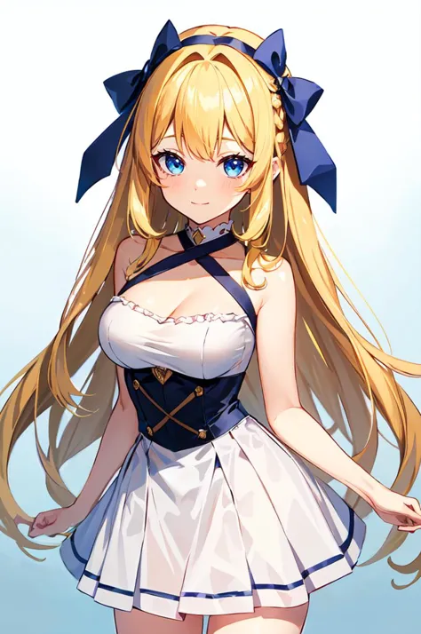 ultra detailed, masterpiece, best quality, solo,soft smile, light smile, cowboy shot, 
1girl, blue eyes, very long hair, blonde hair, long blonde hair, french braid, bangs, medium breasts,
criss-cross halter, white sleeveless dress, white and blue theme,  <lora:hair_bow_side_of_head-base-anylora-v1-1-1-000019_1_BiiIimoOOo_WOF:1> hrbwonsoh, hair bow || hrbwonsoh, hair bow, xxbothsidexx,