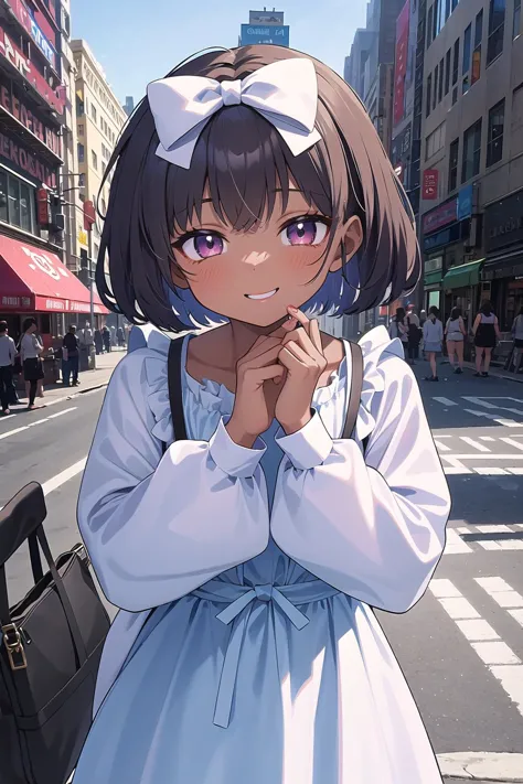 best quality, ultra-detailed, (1girl, solo, <lyco:hair_bow_front_of_head-v1:1>, hrbwonfoh, hair bow,  smock ,dark skin ,  short hair, giggling, ), in new york