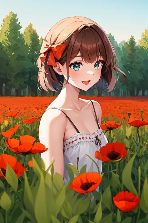 best quality, ultra-detailed, (1girl, solo, <lyco:hair_bow_side_of_head-v1:1>, hrbwonsoh, hair bow, xxbothsidexx,  camisole ,dark skin ,  short hair, :p, ), in a poppy meadow