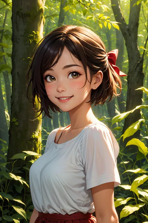 best quality, ultra-detailed, (1girl, solo, <lyco:hair_bow_back_of_head-v1:1>, hrbwonboh, hair bow, tube_top ,,  short hair, smile, ), in a forest clearing