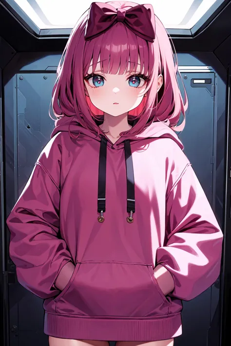 best quality, ultra-detailed, (1girl, solo, <lyco:hair_bow_front_of_head-v1:1>, hrbwonfoh, hair bow,  hoodie ,,  long hair, gasping, ), on a space station