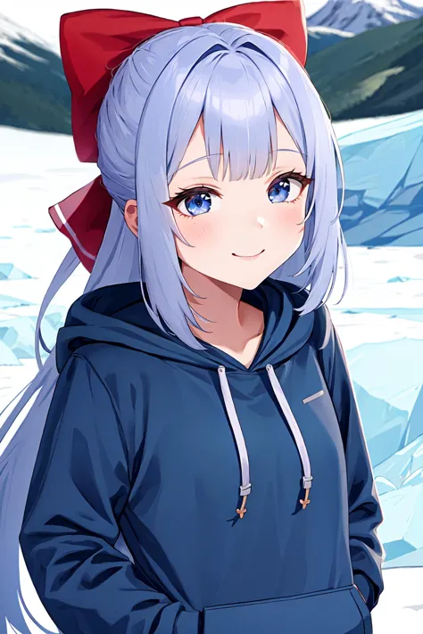 best quality, ultra-detailed, (1girl, solo, <lyco:hair_bow_back_of_head-v1:1>, hrbwonboh, hair bow, hoodie ,,  , naughty smile, ), on a glacier