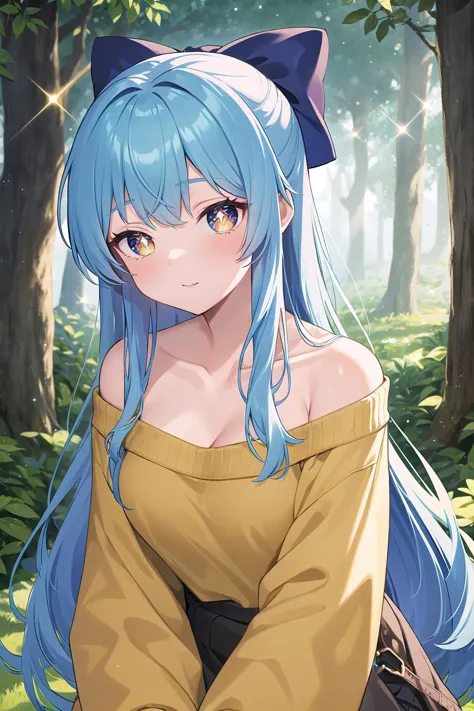 best quality, ultra-detailed, (1girl, solo, <lyco:hair_bow_back_of_head-v1:1>, hrbwonboh, hair bow, off-shoulder sweater ,,  long hair, pupils sparkling, ), in a magical forest