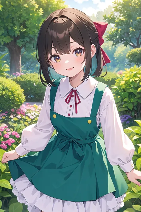 best quality, ultra-detailed, (1girl, solo, <lyco:hair_bow_back_of_head-v1:1>, hrbwonboh, hair bow, pinafore dress, white blouse ,,  , kind smile, ), in a botanical garden