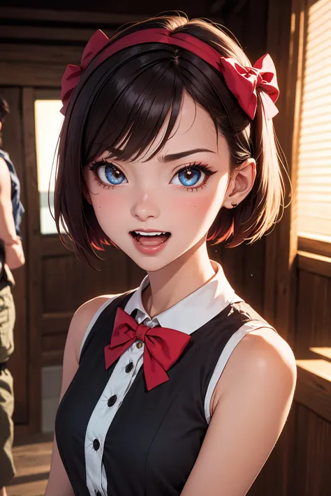 anime girl with blue eyes and a red bow tie