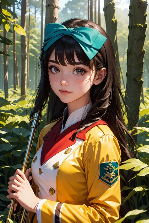 anime girl in uniform holding a flute in a forest