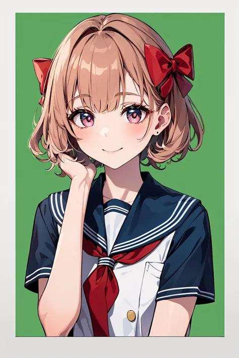 anime girl with a red bow and blue shirt