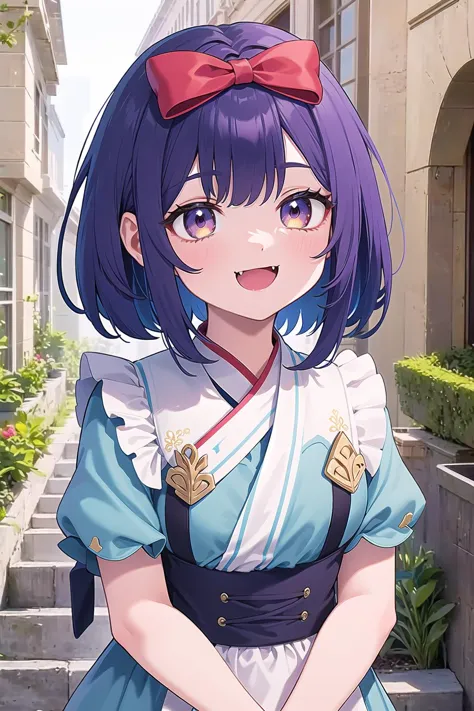 best quality, ultra-detailed, (1girl, solo, <lyco:hair_bow_front_of_head-v1:1>, hrbwonfoh, hair bow,  smock ,,  short hair, smile fang, ), in ancient greece