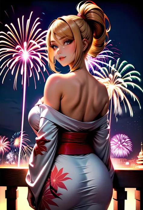 a woman in a kimono kimono dress is looking at fireworks