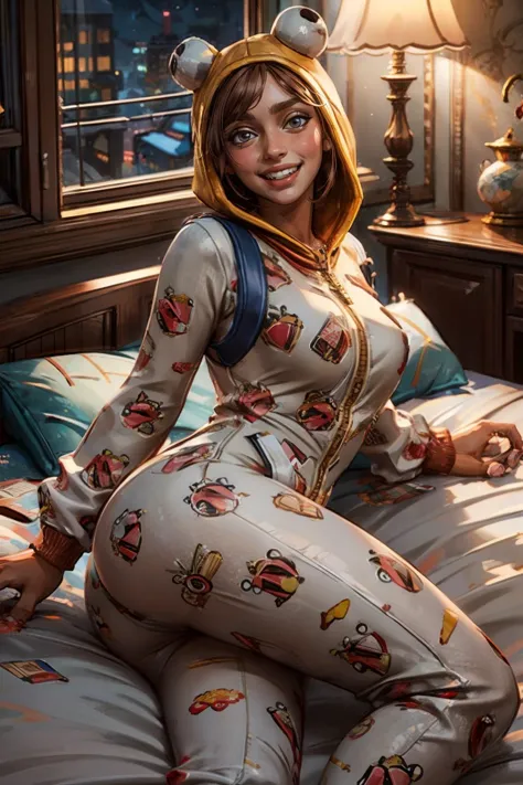 fnonesie, woman, hood, short brown hair,  onesie, looking at viewer, aroused, grin, blush, lying, on side, spreading ass, on large bed, lamp, night time, high quality, masterpiece,  <lora:fnonesie:.7>